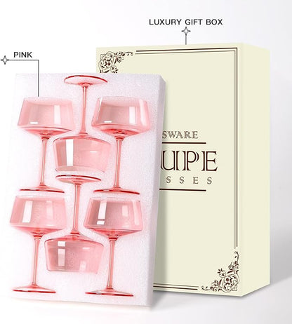 Pink Coupe Glasses Set of 6-13 oz Large Capacity Martini Glassware - Versatile Tall Cocktail Glasses- Hand-Blown Colored Champagne Coupe Glass-Art Deco Cocktail Glasses Set-Wedding Gifts