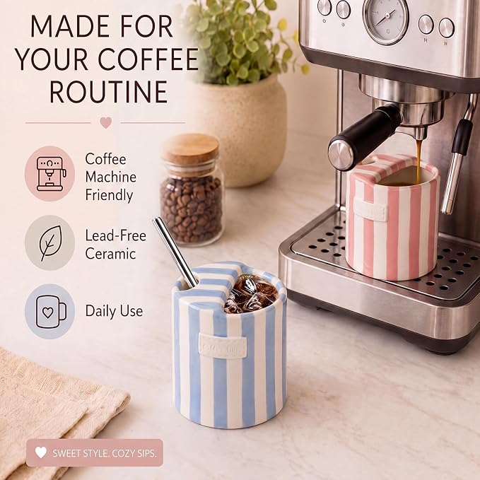 2 Pack Ceramic Coffee Mug with Sip Hole, Light Blue, Retro Hand Painted Striped - Image 4