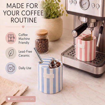2 Pack Ceramic Coffee Mug with Sip Hole, Light Blue, Retro Hand Painted Striped - Image 4