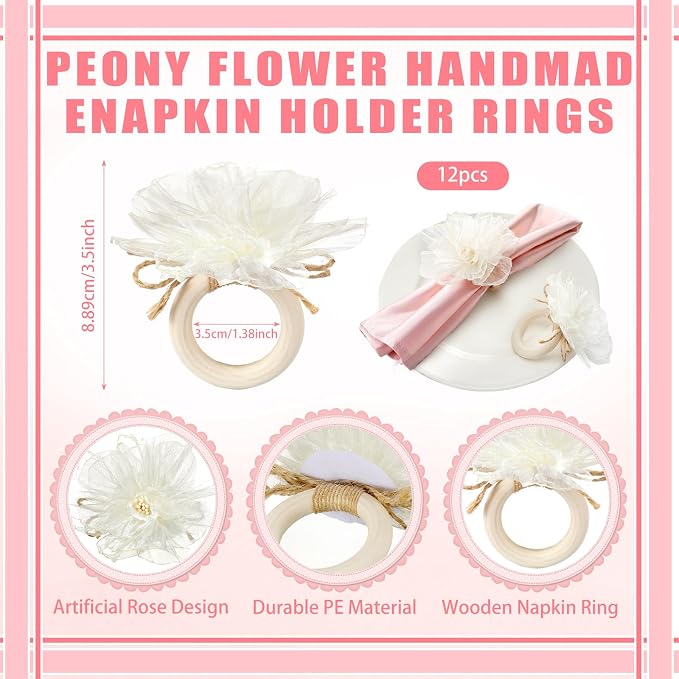 Flower Napkin Rings Set of 12 Wooden White Mesh Flower Handmade Napkin Holders - Image 2