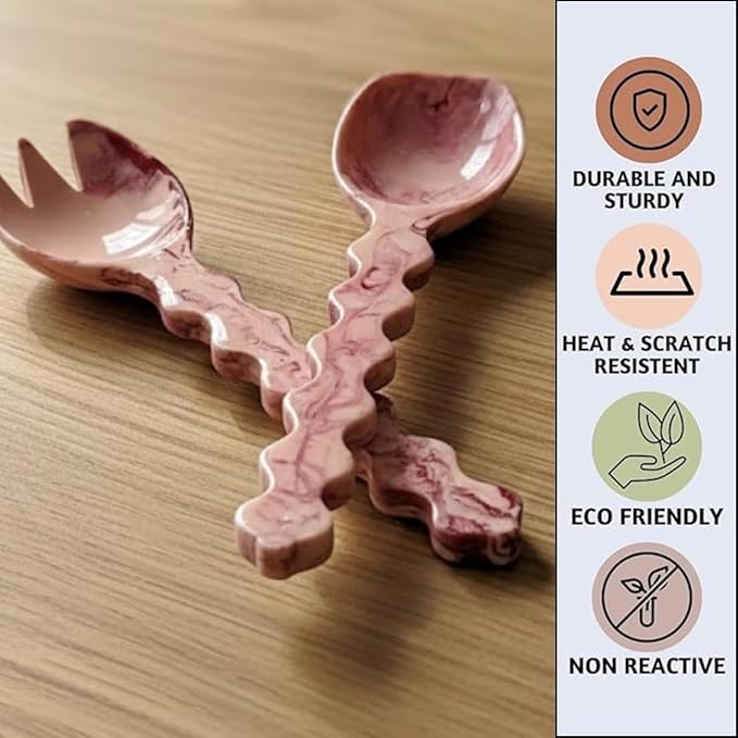SS Craft Premium Pink Marble Resin Salad Serving Spoon Set 2 Pcs Handcrafted - Image 5