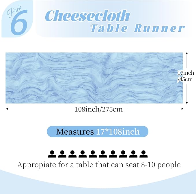6 Pack Baby Blue Cheesecloth Table Runner, 17 x 108 Inch, Gauze Cheese Cloth - Image 2