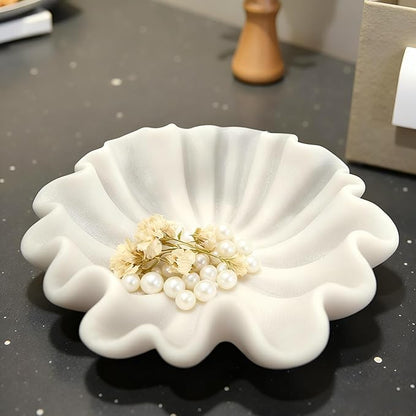 10" Large Handmade Decorative Bowl decor , Handicraft Scalloped Bowls for Modern Home Decor,Ruffle Decor,Key Bowl for Entry Table,Decorative Fruit Bowl for Kitchen Counter,Artificial Stone Milky White