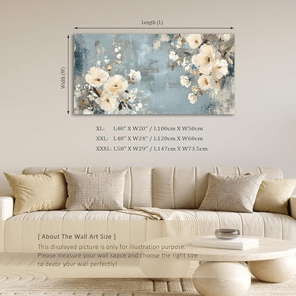 ADJUVANT Wall Art Vintage Floral 48" L x 24" W, Creamy Flowers On Distressed Blue Background Canvas Painting Blossoms Artwork Prints Floral Wall Decor for Living Room Bedroom Dining Room Home Office