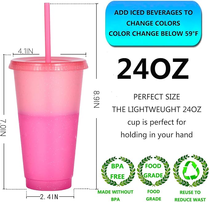 Color Changing Cups, 5 Pack 24oz Plastic Tumblers, Reusable Iced Coffee & - Image 2