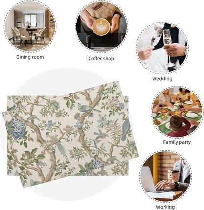 Blue Green Chinoiserie Placemats Set of 4 Spring Vintage Bird Flower Decor Place Mats 12x18 Inch Floral Seasonal Decorative Linen Table Mats for Home Kitchen Dining Party Table Decoration