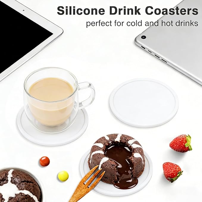 2 Pack Silicone Coasters for Drinks, Round White Coasters - Image 2