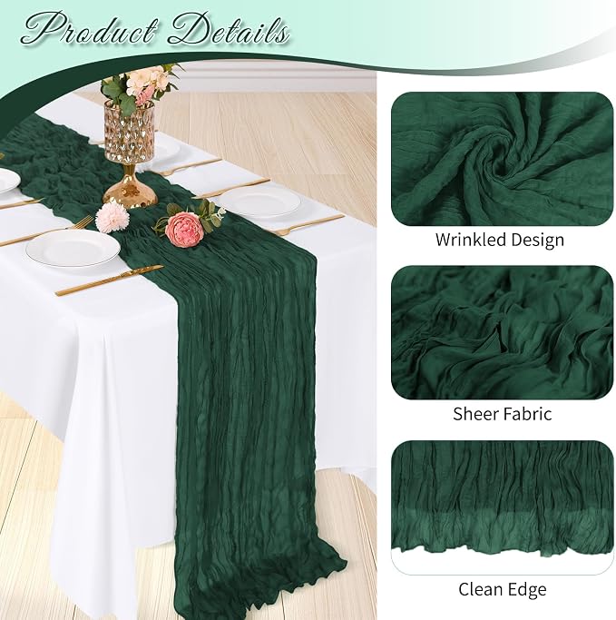 6 Pack Emerald Green Cheesecloth Table Runner, 17 x 108 inch, Semi Sheer Boho - Image 4