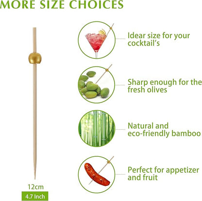 600 Pcs Cocktail Picks, 12 cm Toothpicks for Appetizers, Bamboo Cocktail Sticks Skewers for Drinks, Desserts, Charcuterie, Wedding Party Fancy Toothpicks, Gold Pearl Mini Food Picks Decorative