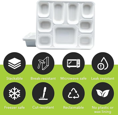 three leaf 9 COMPARTMENT BAGASSE RECTANGULAR PLATE, 25 Ct. Heavy-Duty- Super Strong- Natural- Eco-Friendly Disposable Bagasse Plates, 100% Biodegradable 9 compartment plates