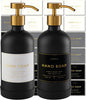 Hand and Dish Soap Dispenser for Kitchen and Bathroom, Set of 2 16 Oz Glass Bottles, Stainless Steel Pumps, Non-Slip Silicone Base, 27 Waterproof Labels (Matte Black Bottle/Brushed Gold Pump)