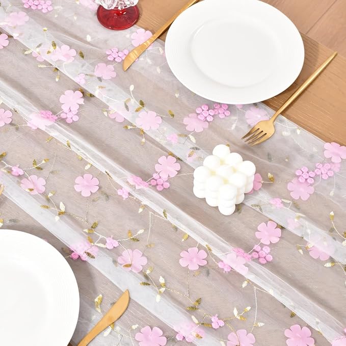 Wildflower Floral Sheer Tulle Gauze Table Runner Wedding Baby Shower Decor | - Image 5