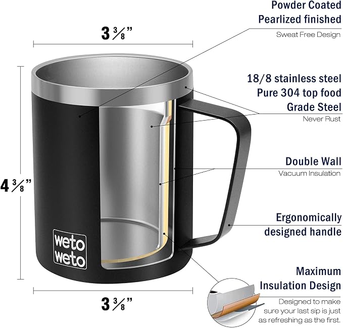 WETOWETO Coffee Mug with Handle, 14oz Insulated Stainless Steel Reusable Coffee - Image 4