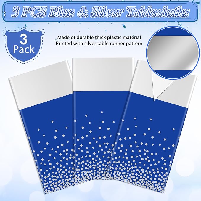 3Pcs Blue and Silver Tablecloth Party Decorations, Plastic Royal Blue Table - Image 4