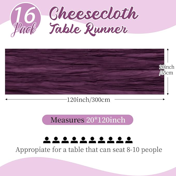 16 Pack Dark Purple Cheesecloth Table Runners 20x120 Inch Gauze Table Runner - Image 2