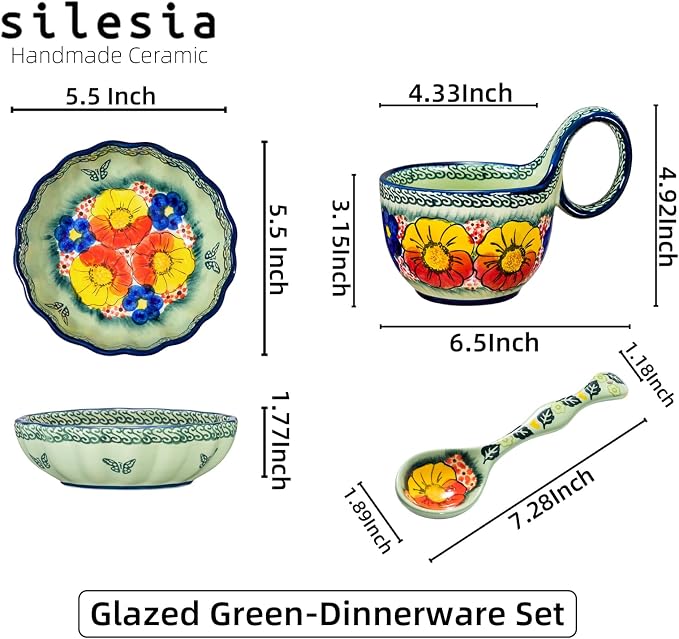 silesia Handmade Loop Handle Soup Bowl, Plate and Spoon Set Ceramic Hand - Image 8