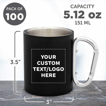 Custom Stainless Steel Mugs with Carabiner Handle 10 oz. Set of 100, Personalized Bulk Pack - Perfect for Coffee, Soda, Other Hot & Cold Beverages - Black