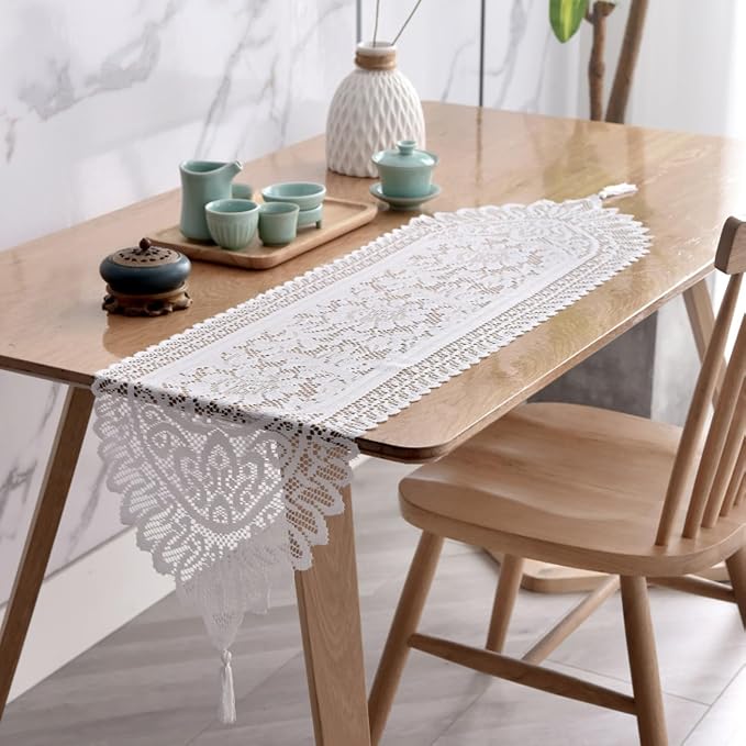 2Pcs Lace Table Runners with Tassels, Farmhouse Boho Doily Vintage Floral - Image 7