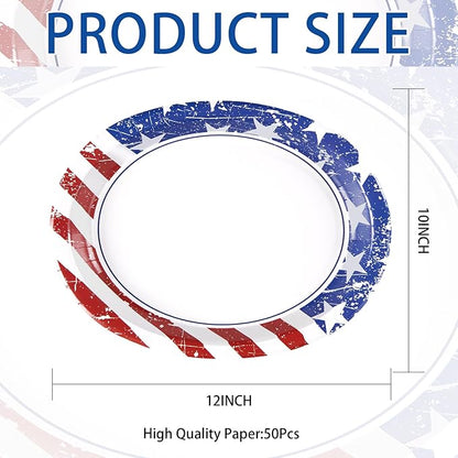 50Pcs Patriotic Oval Paper Plates 10" X 12" Large Heavy Duty Thank You Veterans Day Plates American Flag Patriotic Platters for Independence & Election Day 4th of July Independence Party Decorations