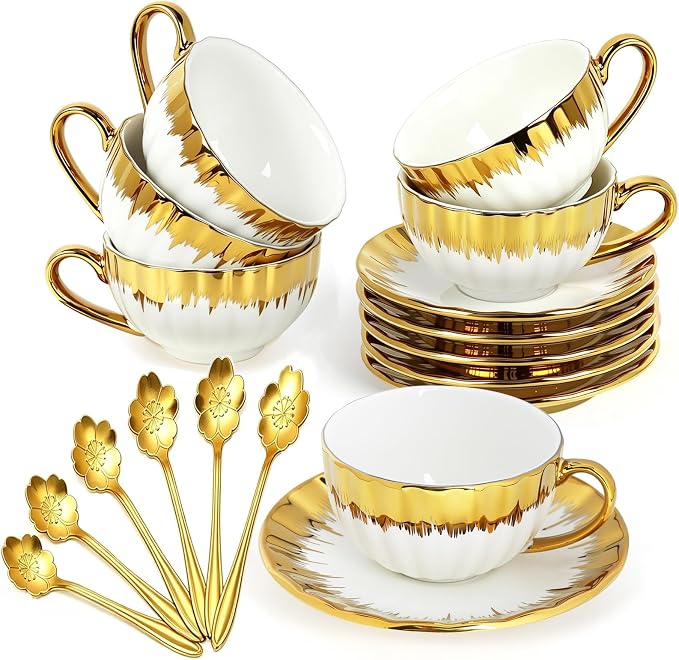 Cappuccino Cups with Saucers, 8 oz Ceramic Coffee Cup Set of 6, Espresso Cups by Hebaogugu