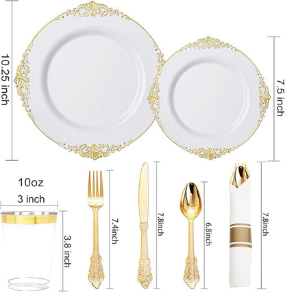 Nervure 700PCS Gold Plastic Plates - Gold Plastic Dinnerware Sets for 100 Guests - 200 Disposable Plates, 300 Silverware, 100 Cups, 100 Napkins for Wedding & Party