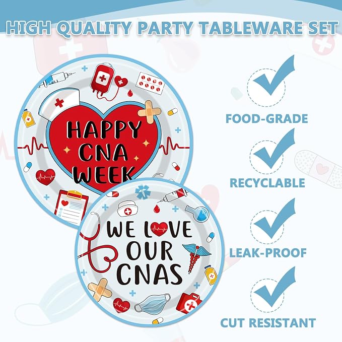 EUOYUFO 96Pcs Happy CNA Week Paper Plates Napkins Forks CNA Week Party Tableware - Image 4