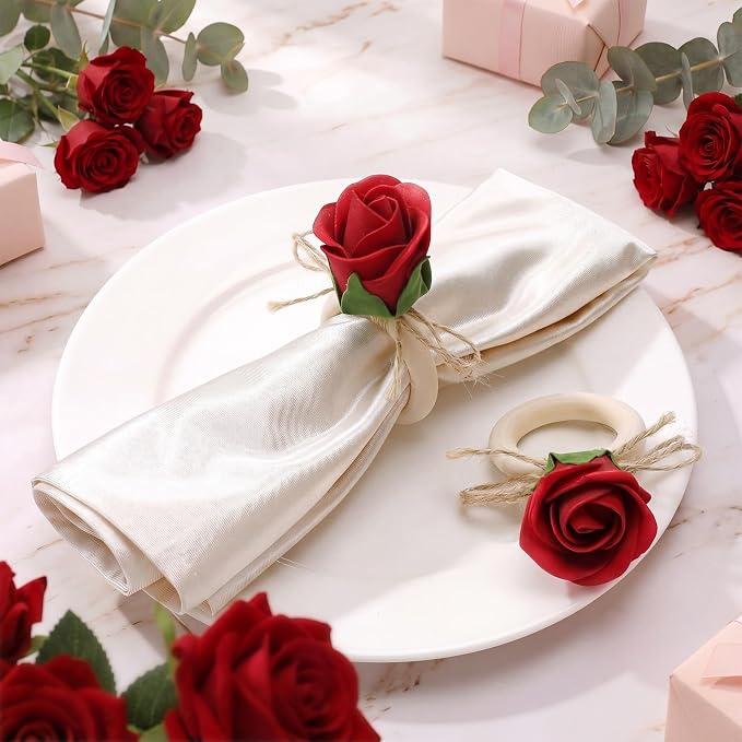 Flower Napkin Rings Set of 12 Wooden Red Rose Handmade Napkin Holders - Image 3
