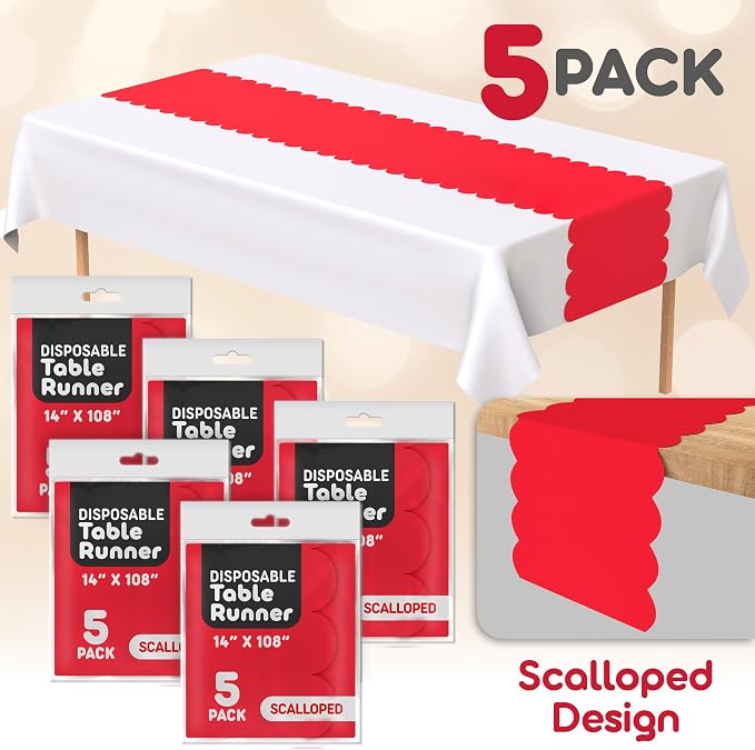 Red Scallop Table Runner, Disposable Plastic, 5 Pack - Image 2