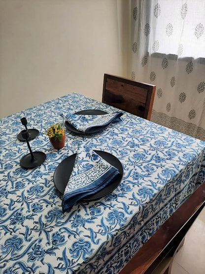 ATOSII Midnight Bloom 100% Cotton Summer Tablecloth, Block Print Blue Rectangle Table Cloth for Dining Table Parties Wedding Outdoor Decor 60 X 108 Inches I 8 Seater I Memorial Day