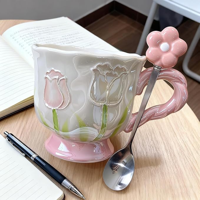 Ceramic Coffee MugEspresso Cup 14oz Pink Cute Flower withSpoon | novelty coffee - Image 3