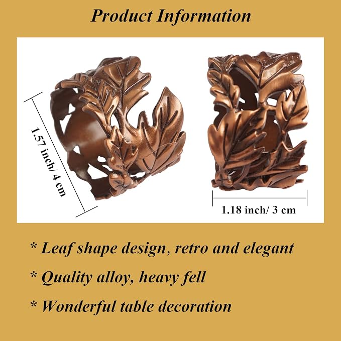 Leaf Shape Napkin Rings Set of 6, Bronze Napkin Rings Metal Napkin Ring Holders - Image 3