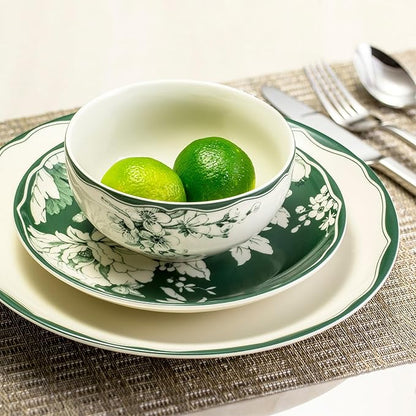 222 Fifth 12-Piece Porcelain Dinnerware Set for 4, White & Sage Green Plates and Bowls Set, Glossy Ceramic Dish Set with Detailed Floral Design, Microwave & Dishwasher Safe Dishes for Dining, Brittany