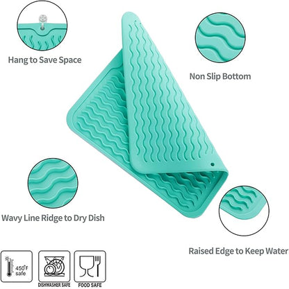 Silicone Dish Drying Mat for Multiple Usage,Easy clean,Eco-friendly,Heat-resistant Silicone Mat for Kitchen Counter or Sink,Refrigerator or Drawer liner Mint M 12 inches x 12 inches