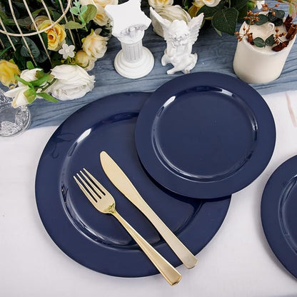 FLOWERCAT 100PCS Blue Plastic Plates - Heavy Duty Blue Disposable Plates for Possover Party/Wedding/Hanukkah - Include 50PCS 10.25inch Dinner and 50PCS 7.5inch Dessert/Salad Plates for 50 Guests