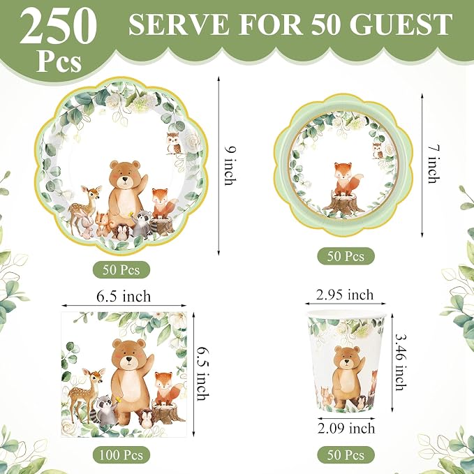 Funnymoom 250 Pcs Woodland Baby Shower Party Decorations Safari Animals Paper - Image 2