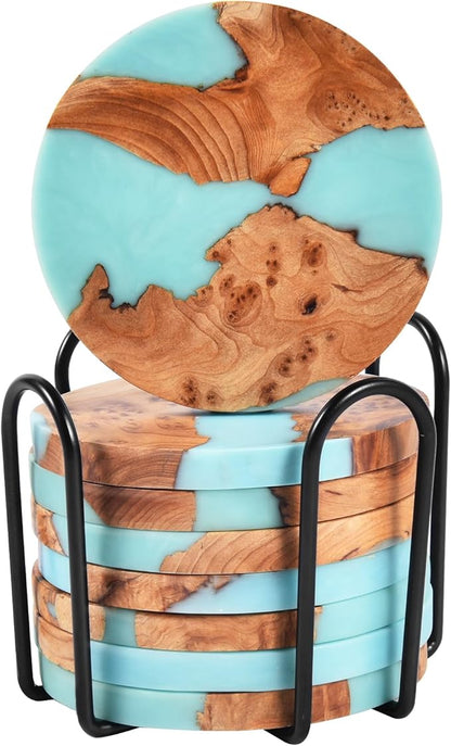 Resin Wood Coaster Set of 8 - Handmade Epoxy Coasters with Holder, Mountain Sea Design for Coffee Table Protection & Home Decor