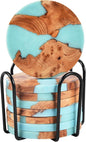 Resin Wood Coaster Set of 8 - Handmade Epoxy Coasters with Holder, Mountain Sea Design for Coffee Table Protection & Home Decor