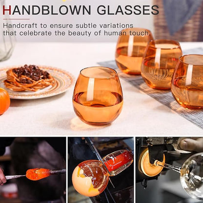 Brown Stemless Wine Glasses Set of 6-15 oz -Modern Hand-Blown Wine Glasses, European Design Crystal Glass For Red & White Wine, Unique Gifts for Wedding, Birthday