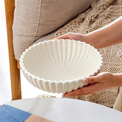 Large Decorative Fruit Bowl for Kitchen Counter, Travertine Stone Look Modern Minimalist Snack Candy Bowl for Table Centerpiece Decor, Home, Office, Hotel, Entryway (White)