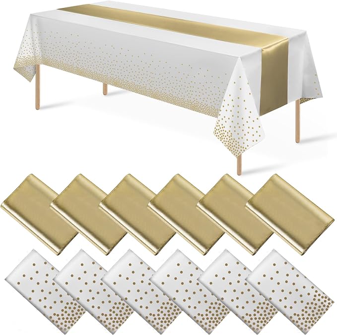 12Pack Disposable Plastic Tablecloths and Satin Table Runner Set White and Gold by MASHAN
