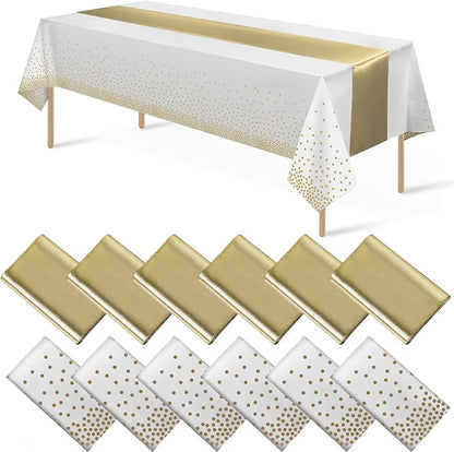 12Pack Disposable Plastic Tablecloths and Satin Table Runner Set White and Gold by MASHAN