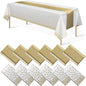 12Pack Disposable Plastic Tablecloths and Satin Table Runner Set White and Gold by MASHAN
