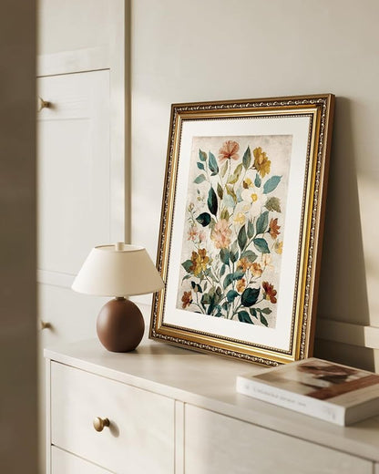 InSimSea Gold Picture Framed Wall Art, Living Room Vintage Watercolor Flower Botanical Wall Decor, Floral Canvas Print Art, Home Farmhouse Decor, Antique Paintings with Frame 13x16inch