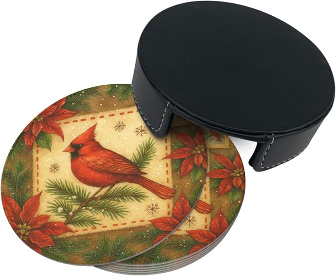 Red Christmas Floral and Bird Coasters - Image 7