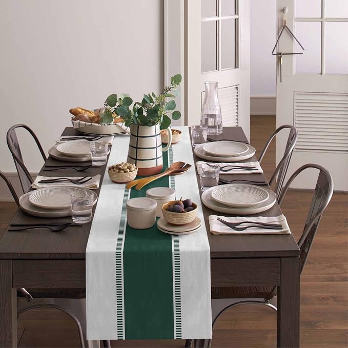 72 inches Long Green and White Table Runners, Modern Stripes Table Runner - Image 4