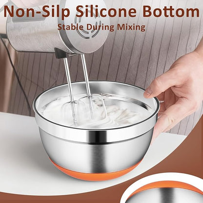 9 Pack Mixing Bowls with Airtight Lids Set, Stainless Steel Mixing Bowls with Grater Attachments, Nesting Kitchen Bowl Set with Non-Silp Bases, Size 7, 4, 3, 2, 1.5,1QT, Multi