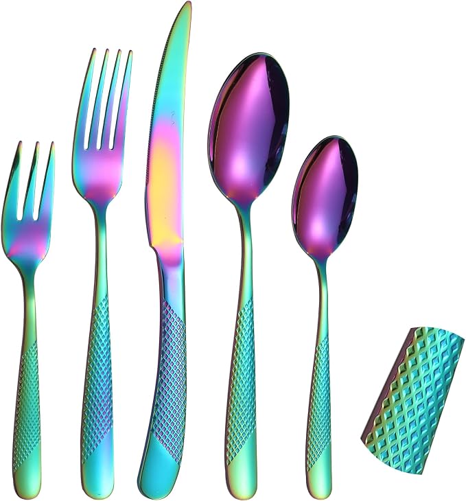 Hammered Silverware Rainbow Stainless Steel Flatware Set by A%C2%B7HOUSEWARE
