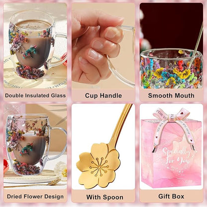 Gifts for Women Dried Flowers Double Wall Glass Coffee Mugs Cute Glass Tea Cups - Image 5