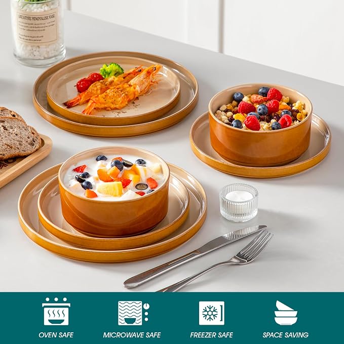 vancasso ONION Ceramic Plates and Bowls Sets, 12 Pieces Brown Dinnerware Sets - Image 4
