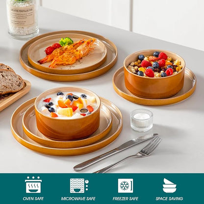 vancasso ONION Ceramic Plates and Bowls Sets, 12 Pieces Brown Dinnerware Sets - Image 4